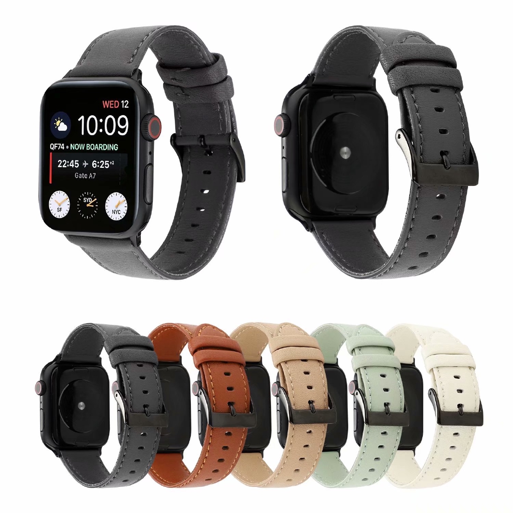 Dây đeo da bò thật màu trơn có khóa cài cho đồng hồ iWatch Dòng 6 se 5 4 3 2 1 38mm 40mm 42mm 44mm