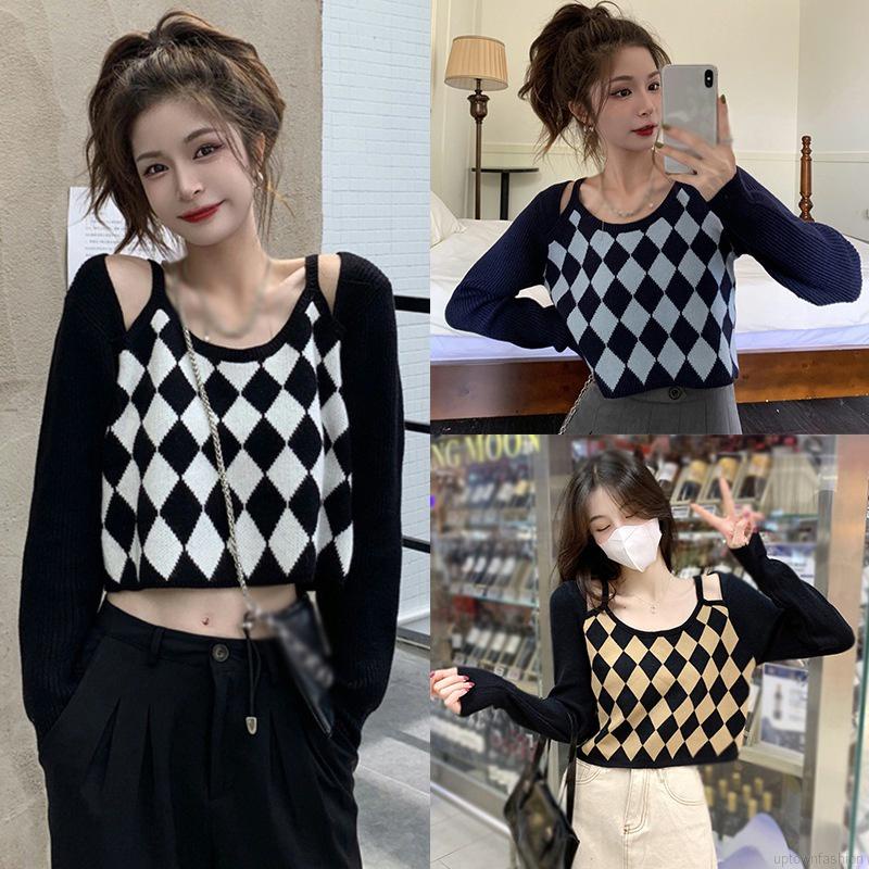Áo sweater dệt kim tay dài phối màu thời trang cho nữ