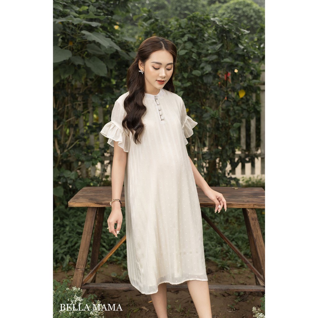 Váy Bầu Công Sở Chất Tơ Voan Mềm Mịn Tay Bèo Cổ Tròn Đủ Size Cho Mẹ Bầu Và Sau SinhTừ 47-85kg BELLA MAMA - V06