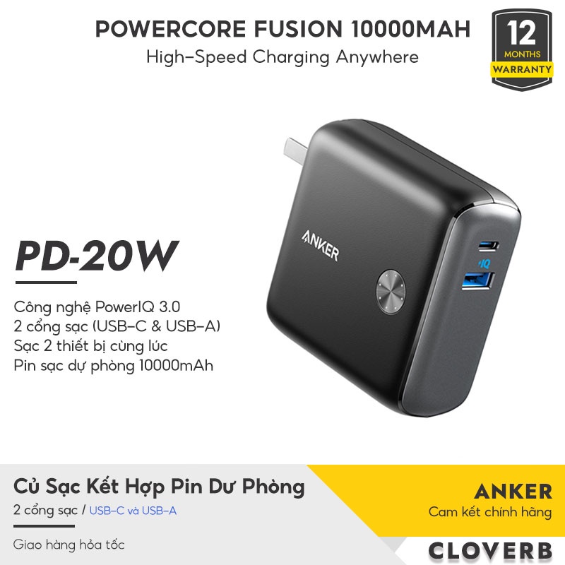 Củ Sạc Nhanh Kiêm Pin Dự Phòng Anker PowerCore Fusion 10000mAh PD 20W, Hỗ Trợ 2 Cổng Sạc Type C Va USB - A1623