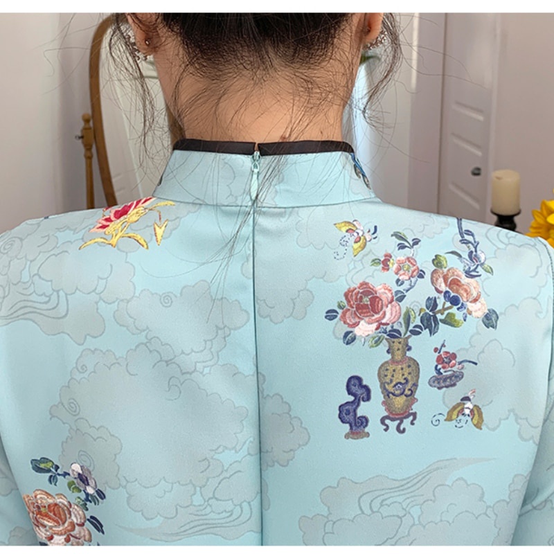 Đầm sườn xám Trung Hoa dáng chữ A tay lỡ thời trang nữ