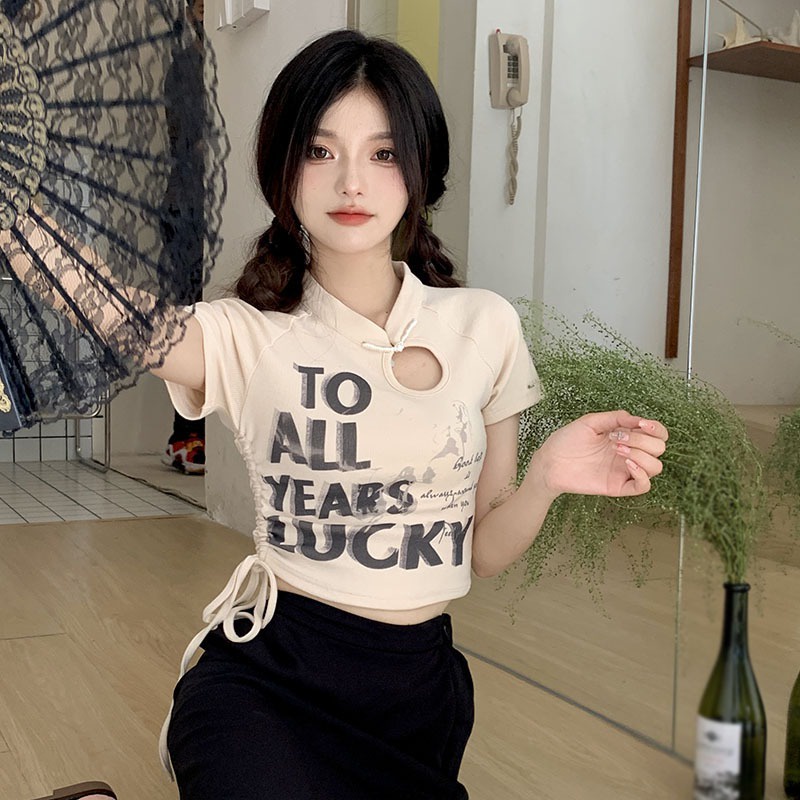 Áo Thun Lửng Ngắn Tay In Chữ Phong Cách Hàn Quốc Dành Cho Nữ