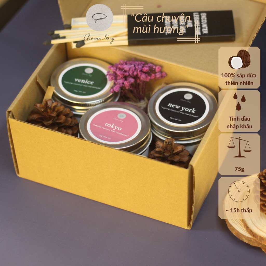 Nến Thơm Trang Trí, Cao Cấp, Tự Nhiên Aroma Story Hương Hoa Hồng Và Hoa Nhài Paris Size 75g