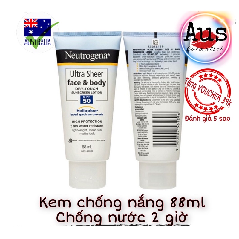 Chuẩn Úc, Kem Chống Nắng Chịu Nước 2 Giờ SPF 50 Neutrogena Ultra Sheer Dry Touch Lotion, 88ml