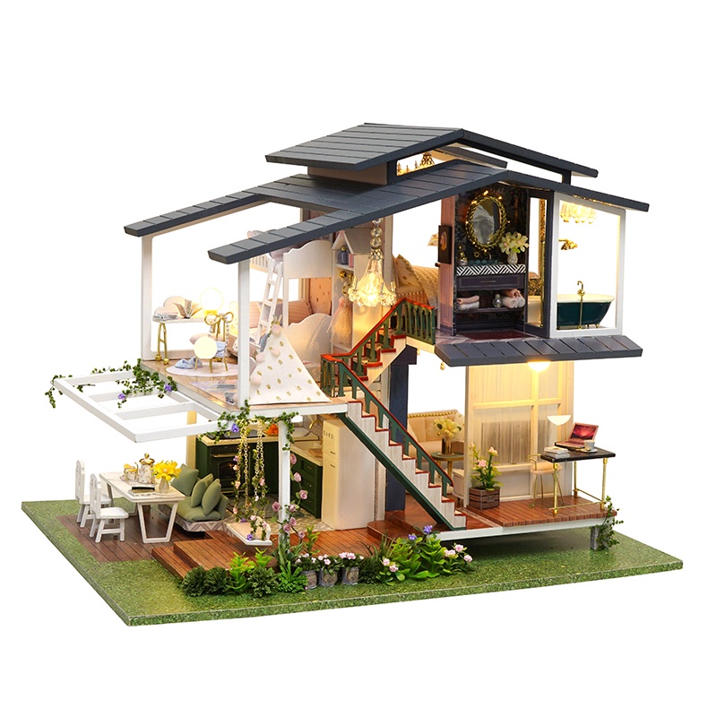 Nhà búp bê lắp ghép DIY HOUSE Monet Garden Cute Room Cao 25cm x Rộng 25cm Dài 32cm Tặng kèm Mice Cót nhạc và dụng cụ