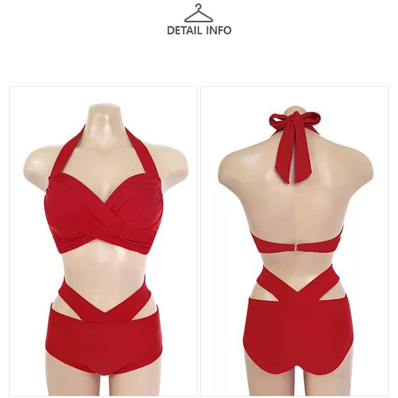 (Mẫu mới 2021) Đồ bơi hai mảnh, bikini Hàn Quốc màu đỏ sáng da, áo nâng gọng mút, quần cạp cao che bụng