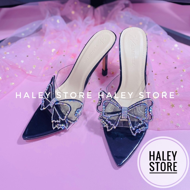 Giày Guốc nữ HALEY STORE cao gót 9p quai trong mũi nhọn đính nơ đá xoàn phale lấp lánh tiểu thư thời trang