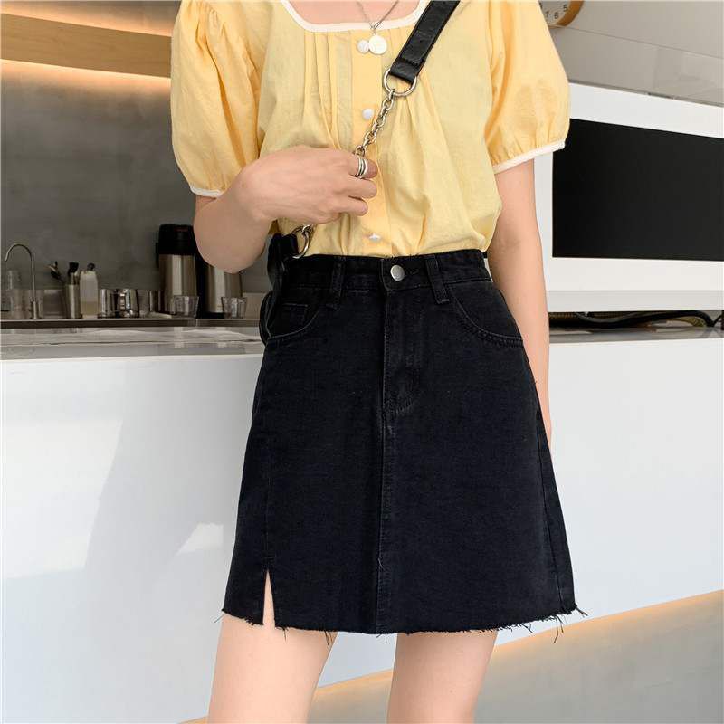 Chân váy jean nữ dáng chữ A xẻ gấu lưng cao tôn dáng phong các đơn giản hot trend 2023 Shop Hạt Dẻ