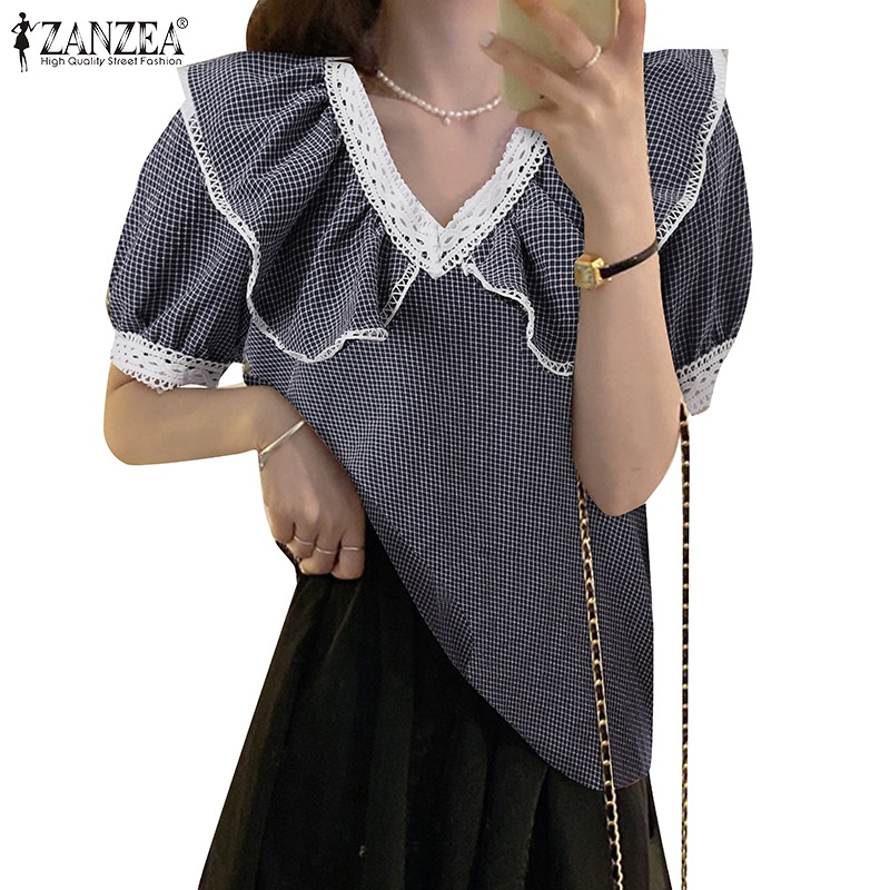 Áo sơ mi ZANZEA tay ngắn viền bèo họa tiết caro thời trang Hàn Quốc cho nữ