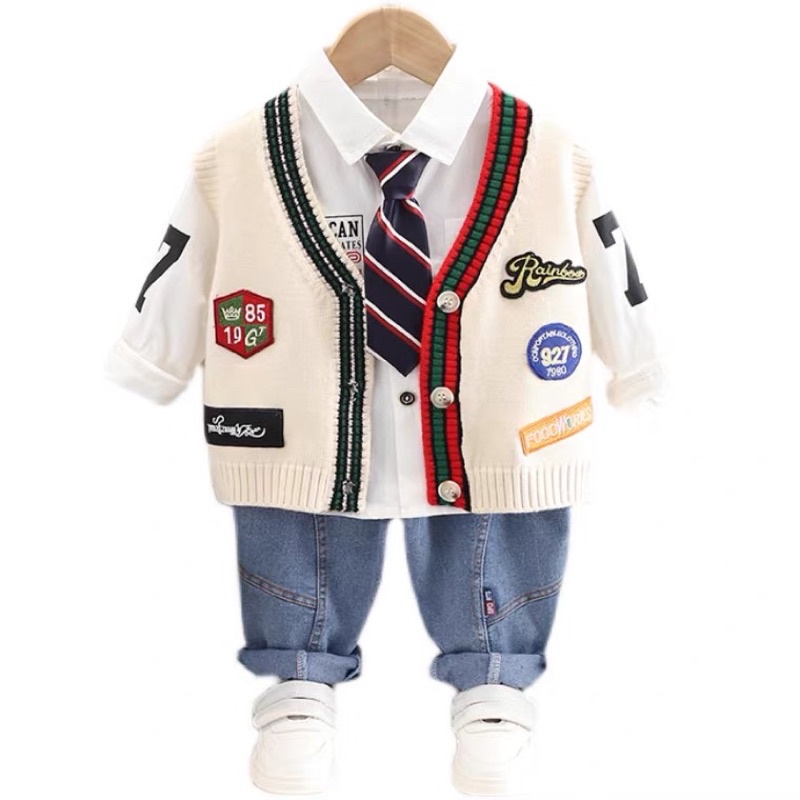 QCCC - Set 3 chi tiết áo somi áo gile quần jean cho bé trai thời trang thu đông
