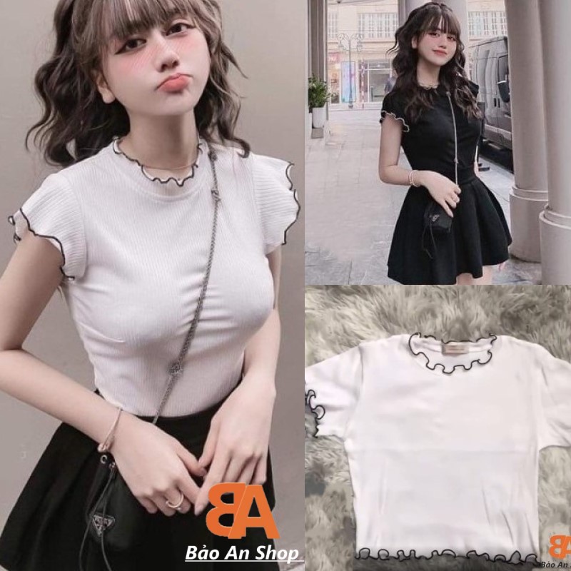 Áo croptop nữ kiểu cổ cao viền nổi