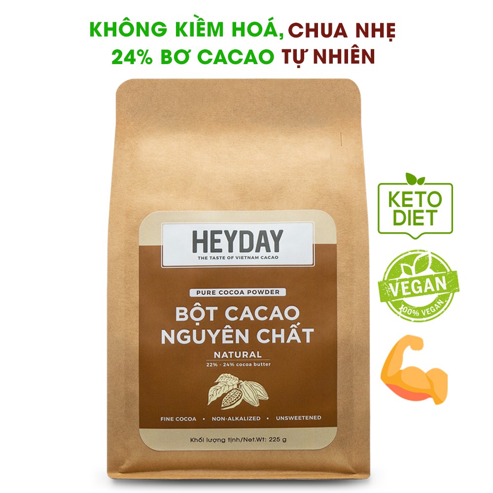 Bột cacao nguyên chất 100% Heyday - Dòng Natural thuần tự nhiên, không kiềm hoá - Túi giấy 225g - Chuẩn UTZ Quốc Tế