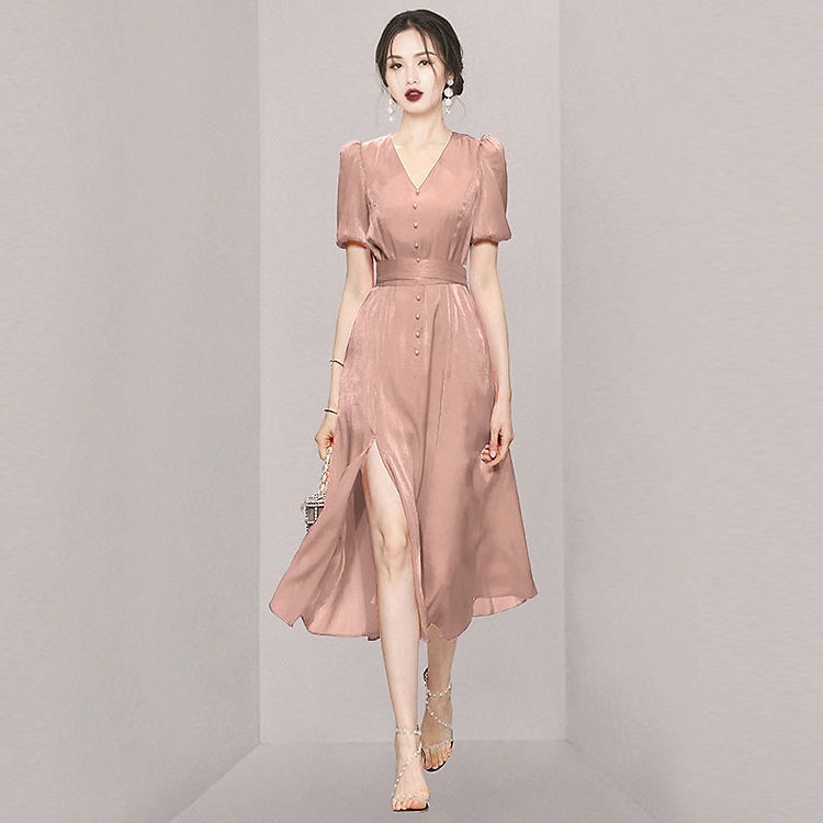 Đầm tay ngắn cổ chữ V thời trang mùa hè chất lượng cao