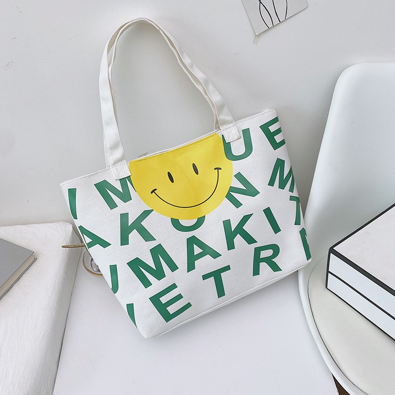 Túi Xách Canvas Cỡ Lớn In Chữ Và Mặt Cười Thiết Kế Mới Đơn Giản Thời Trang Cho Nữ