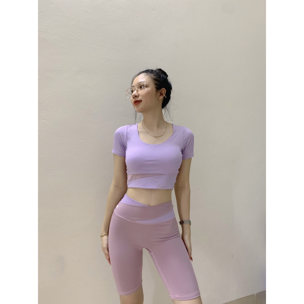 Bộ quần áo tập gym nữ phối 2 màu, đồ thể thao yoga, erobic nữ áo có tay kèm mút đệm ngực )