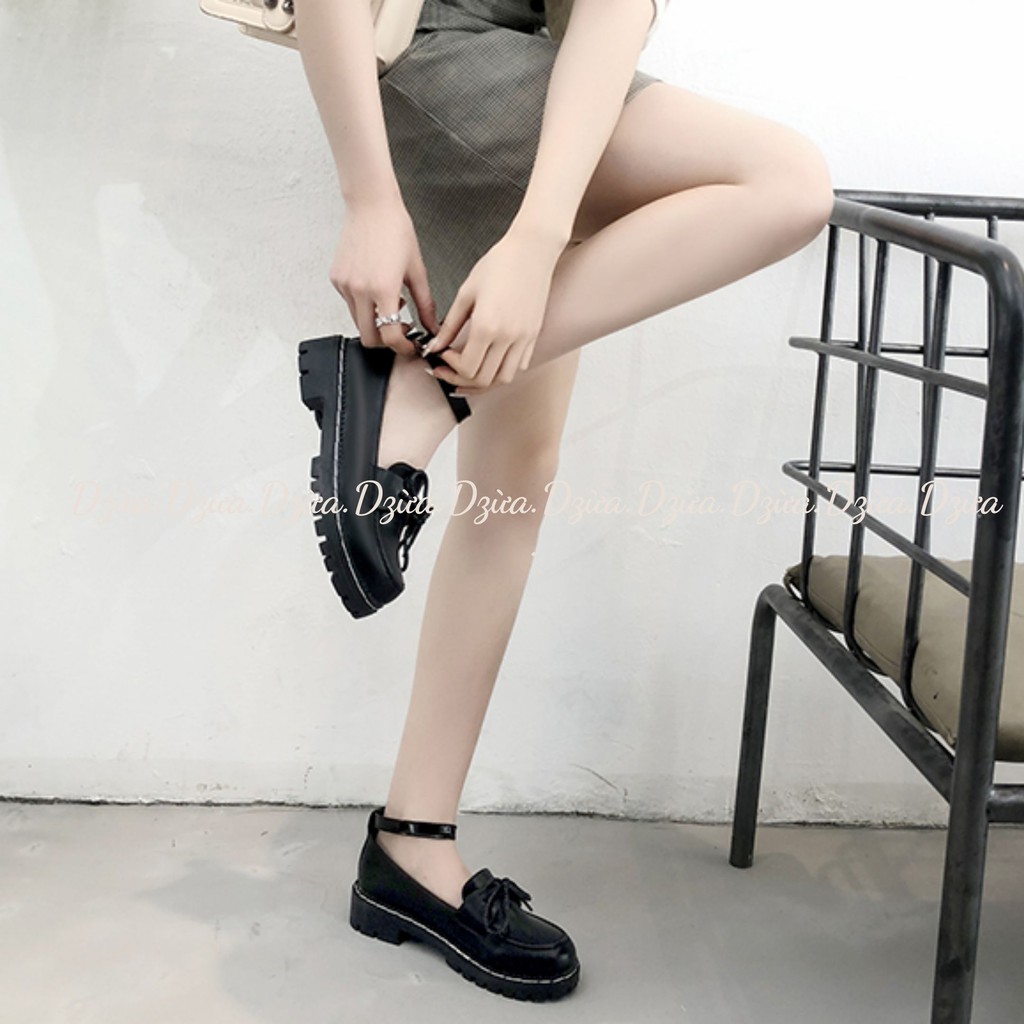 Giày búp bê phong cách lolita kèm quai da nhám, da bóng