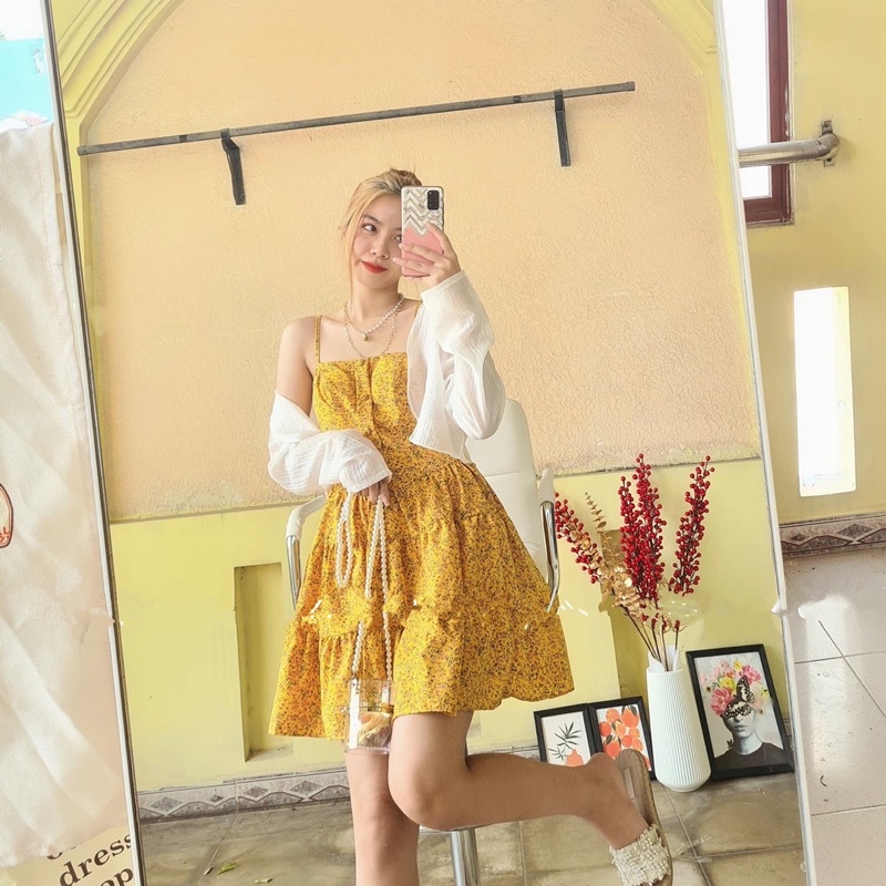 [FREESHIP] SET Đầm 2 dây hoa nhí tùng xoè mix Áo khoác voan mỏng NÀNG CLOSET
