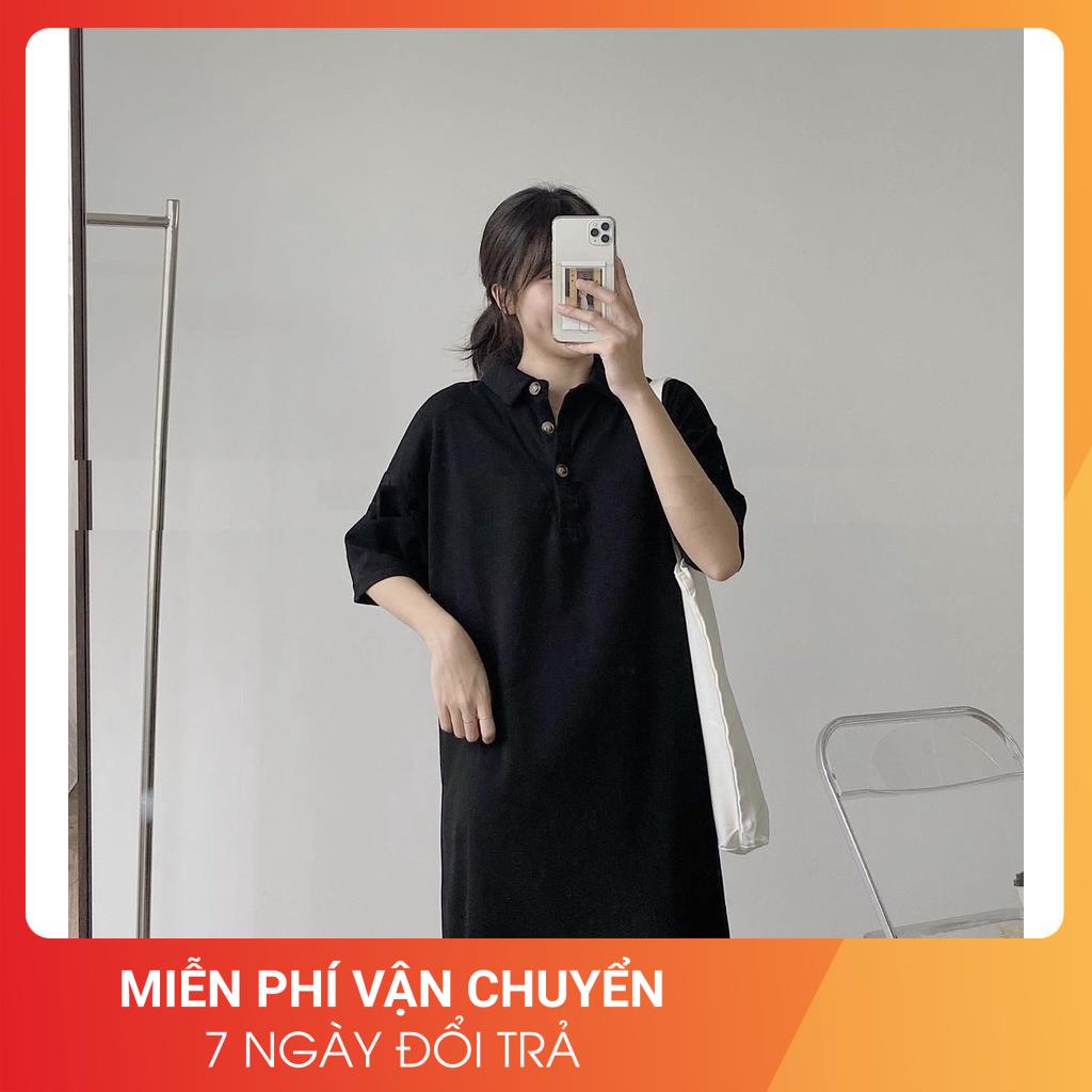 Váy Polo Đen Phối Cúc Đồng 24AP Nữ [FREESHIP] 🌸 Đầm cổ bẻ dáng suông tay lỡ form rộng học sinh vintage đẹp Ulzzang 🌸 | BigBuy360 - bigbuy360.vn