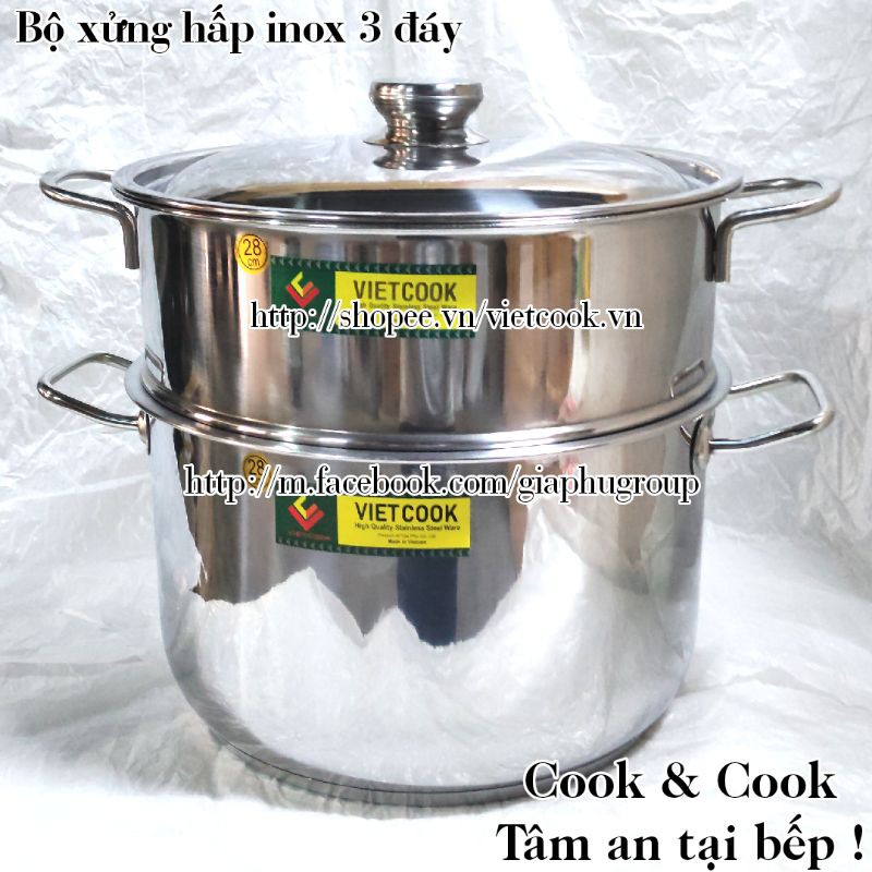 [FREESHIP 0Đ TOÀN QUỐC] Bộ xửng hấp inox 2 tầng đáy từ size 24, 26, 28, 30, 32 cm VIETCOOK, chõ hấp gà đồ xôi inox