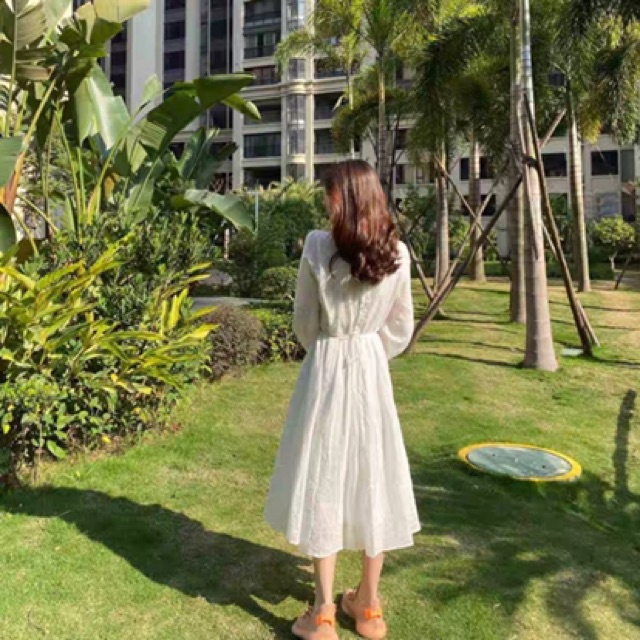 Váy thô trắng hoa nhí nơ hông MS2433