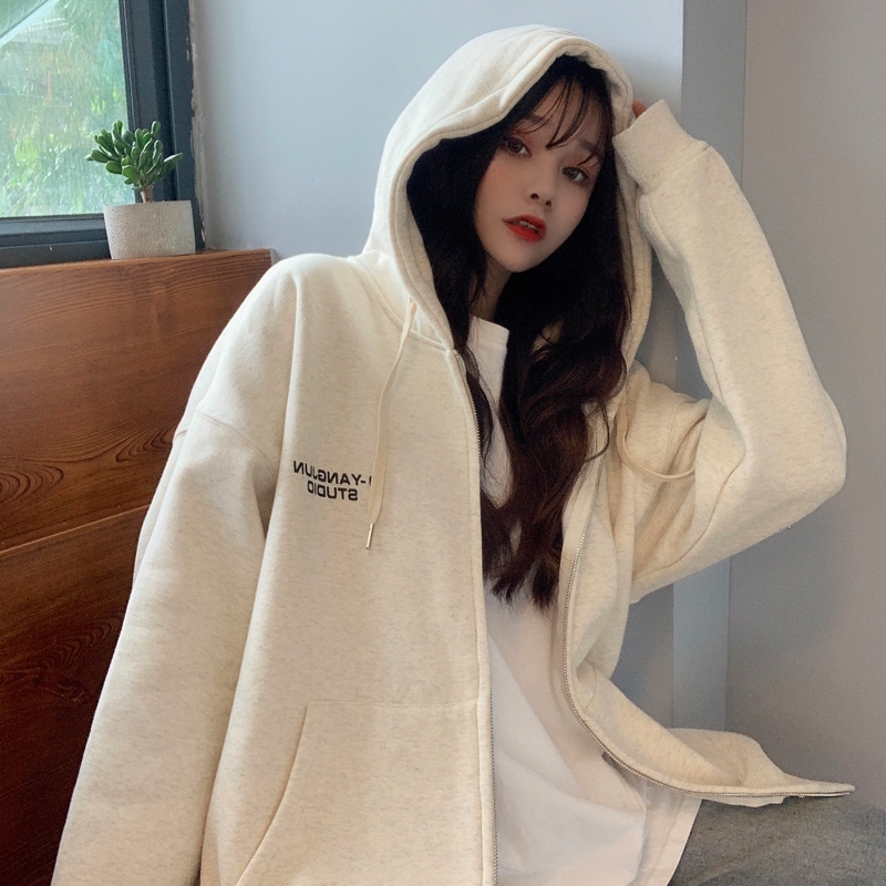 Áo Khoác Hoodie Dáng Rộng Có Dây Kéo Phong Cách Mùa Đông Hàn Quốc Cho Nữ