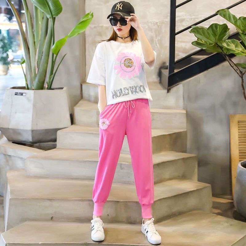 Bộ đồ thể thao áo tay ngắn kèm quần dài phong cách Hàn Quốc mùa xuân cho nữ