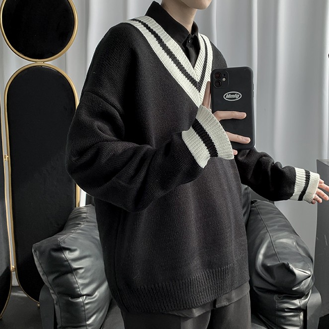 Áo len unisex cổ V mix sọc 2 màu đen - trắng