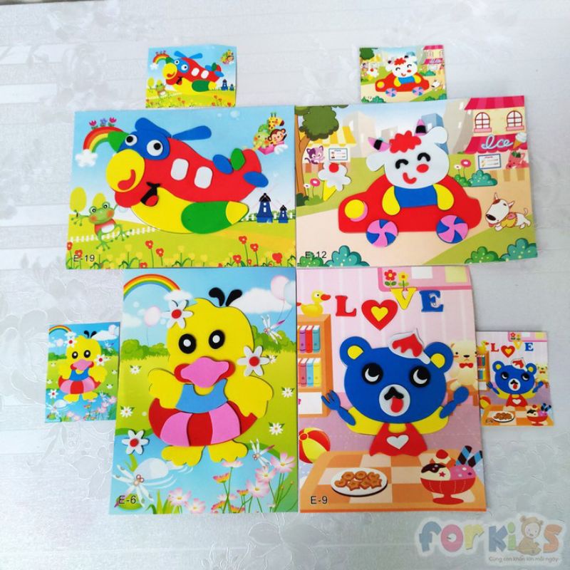 Tranh dán xốp cho bé khéo tay, combo 10 tranh