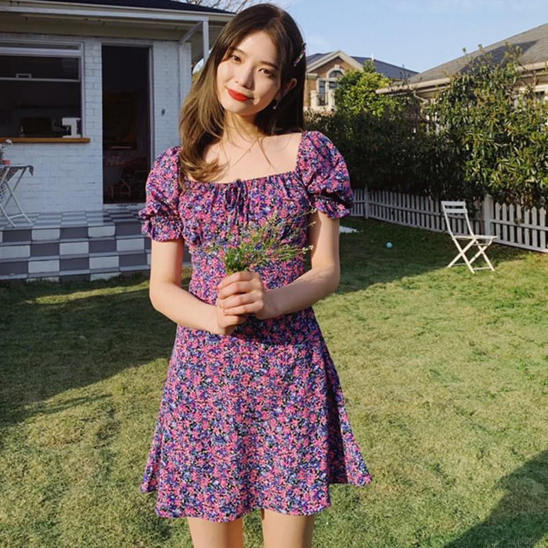 Đầm Tay Ngắn Hoạ Tiết Hoa Thiết Kế Thanh Lịch