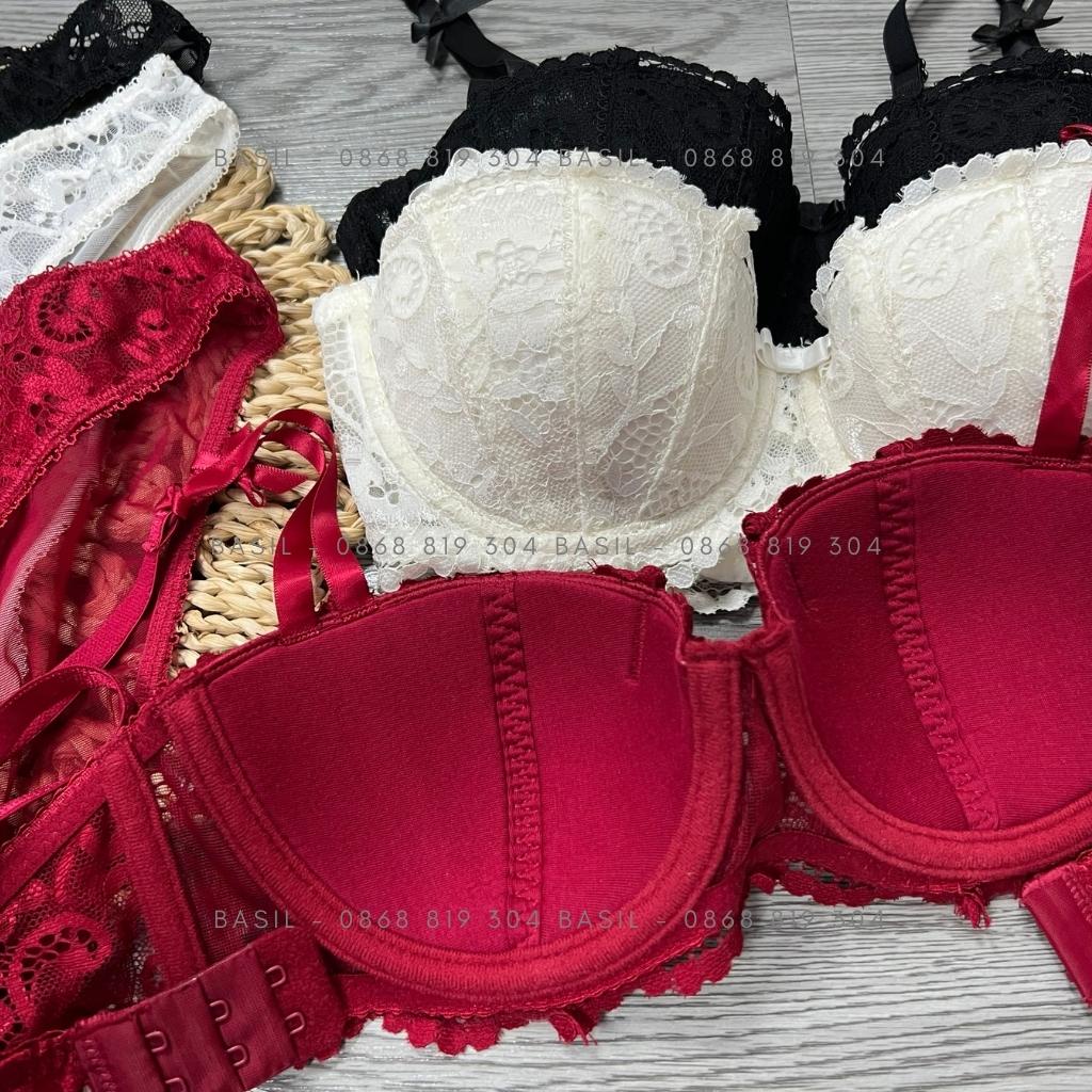 Bộ đồ lót QB010 nữ 1/2 cup có gọng mút vừa nâng ngực tự nhiên phối ren Basil