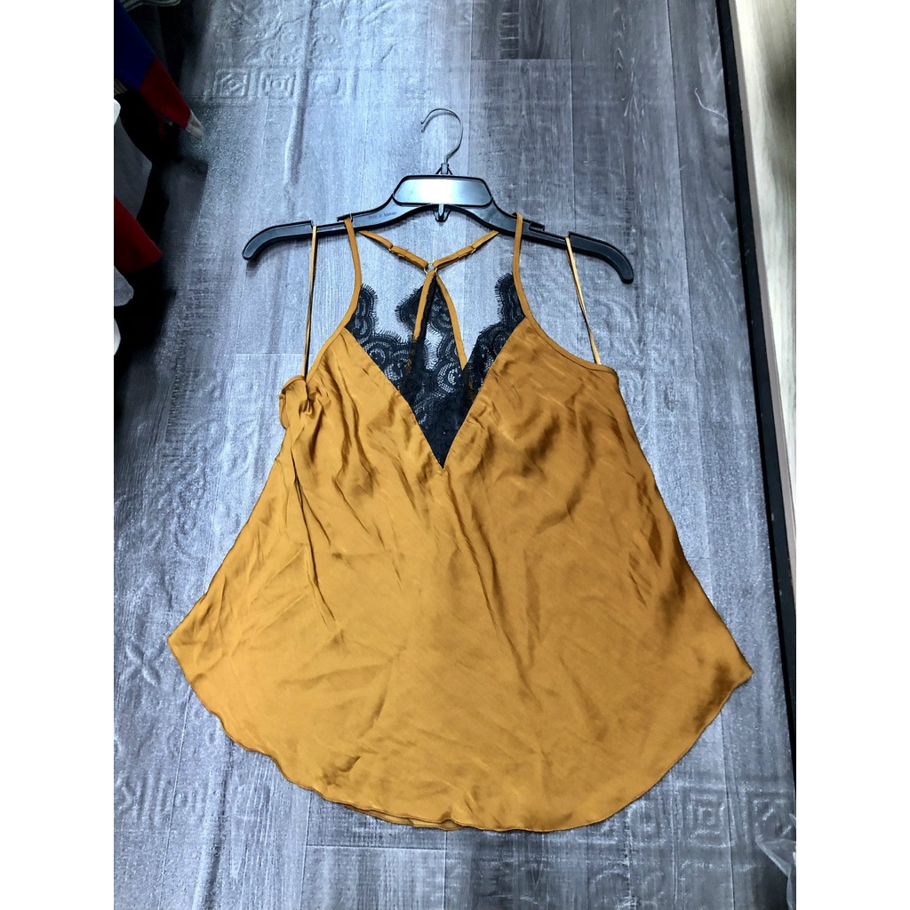 Áo 2 Dây Lụa Pha Ren FREE PEOPLE Màu Xám Khói