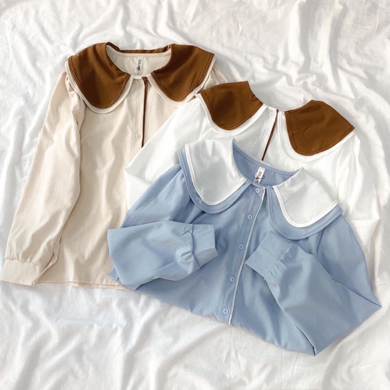 Áo kiểu nữ cổ sen 2 tầng phối màu tay bồng