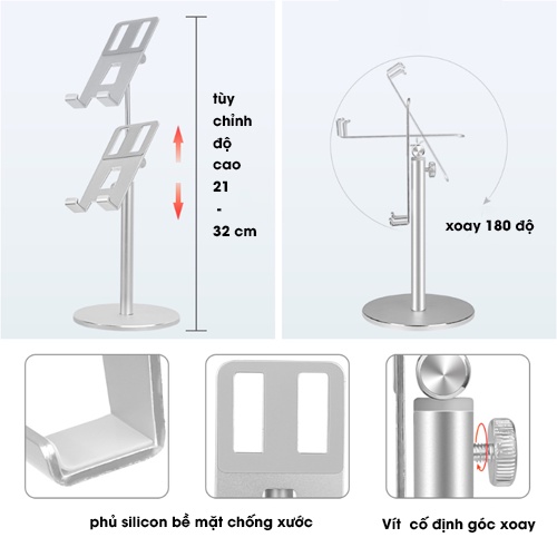 Giá để điện thoại kiêm giá treo tai nghe hợp kim nhôm cao cấp GDDT04 tùy chỉnh độ cao xoay 360 độ