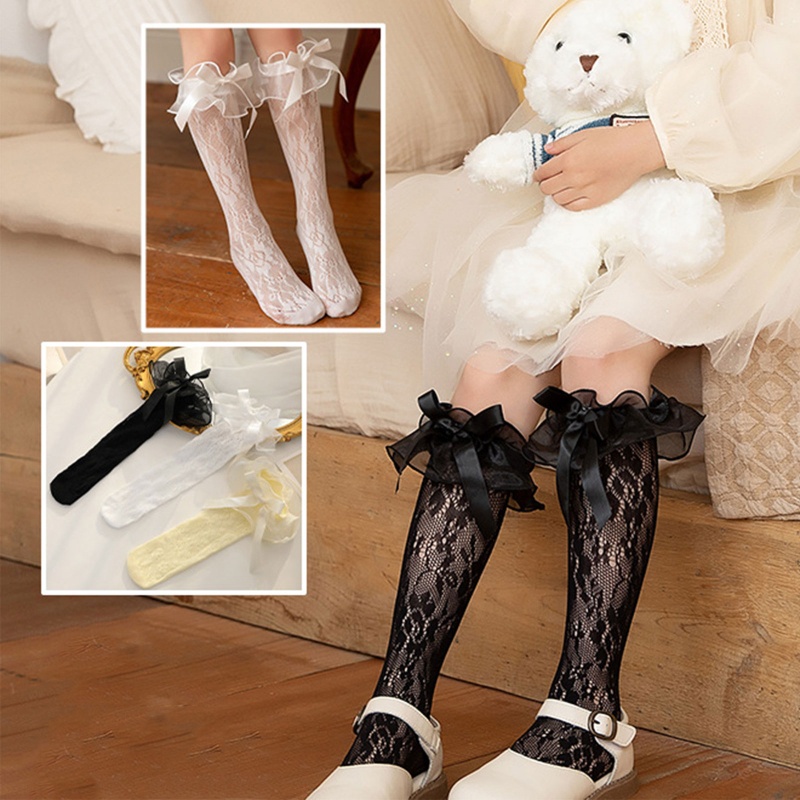 Youyo Vớ Cao Đến Đầu Gối Vải Lưới Satin Phối Nơ Dễ Thương Dành Cho Bé Gái