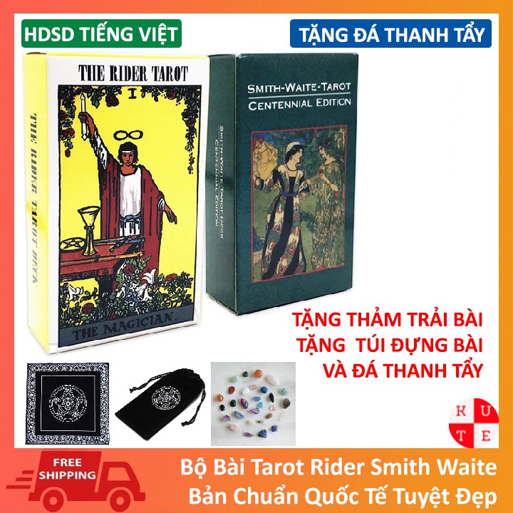 [Combo] Bài Tarot Rider Smith Waite 78 Lá Size Gốc Cán Màng Giấy Dày Dặn Tặng Túi Nhung, Thảm Trải Bài Và Đá Thanh Tẩy