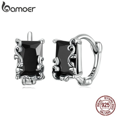 Bamoer Bông Tai bạc 925 Đính Đá zircon Đen Thời Trang Cho Nam Và Nữ sce1497