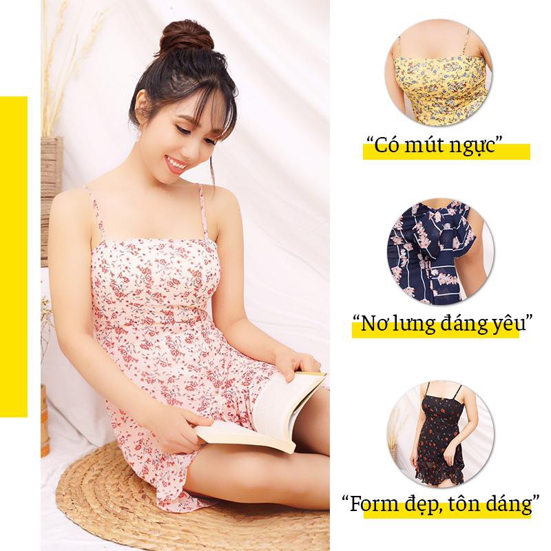 Đầm 2 dây SBORG đầm voan hoa nhí nữ tính nơ lưng sexy cute dễ thương freesize dưới 55kg quà tặng vợ