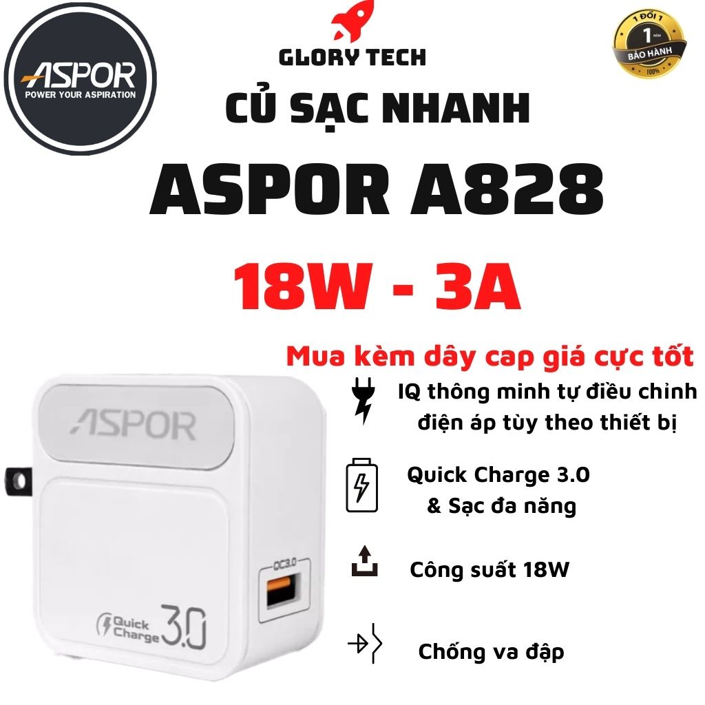 Củ sạc nhanh ASPOR A828 18W + Quick Charge 3.0 - Đốc sạc nhanh tự ngắt| Chip thông minh điều chỉnh điện áp| IQ Power