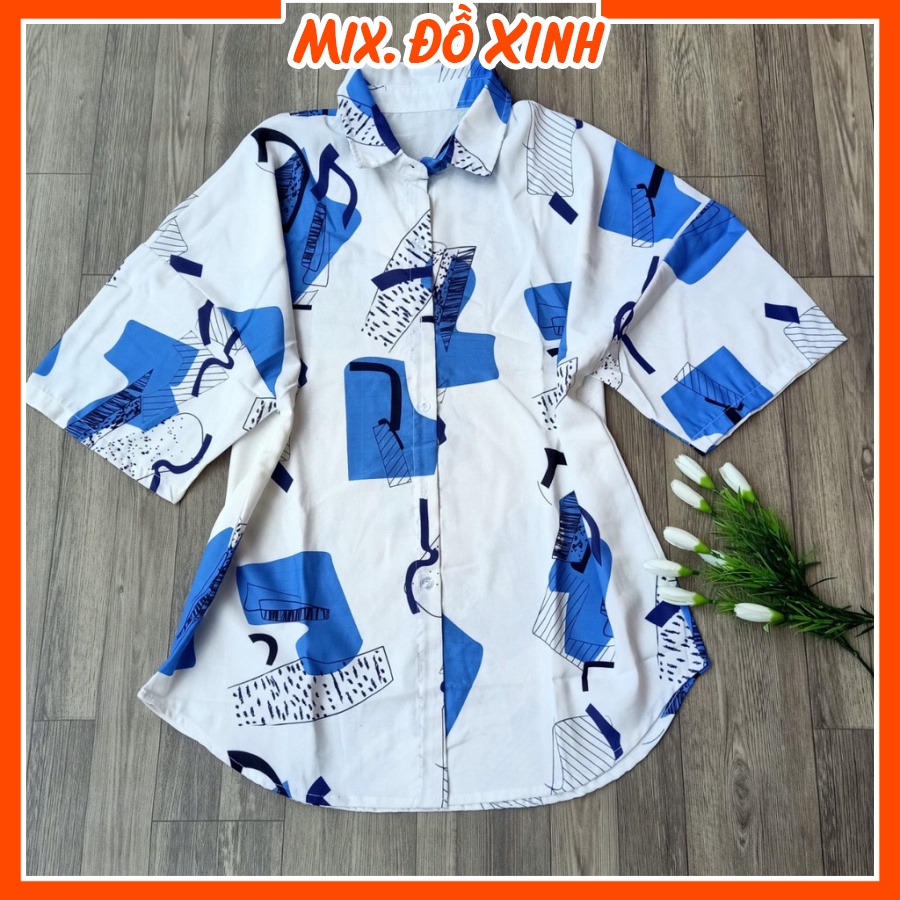 Áo sơ mi nữ form rộng tay lỡ Thu Hà sơ mi đũi freesize chất liệu mịn mát in hình Ô Xanh Trắng
