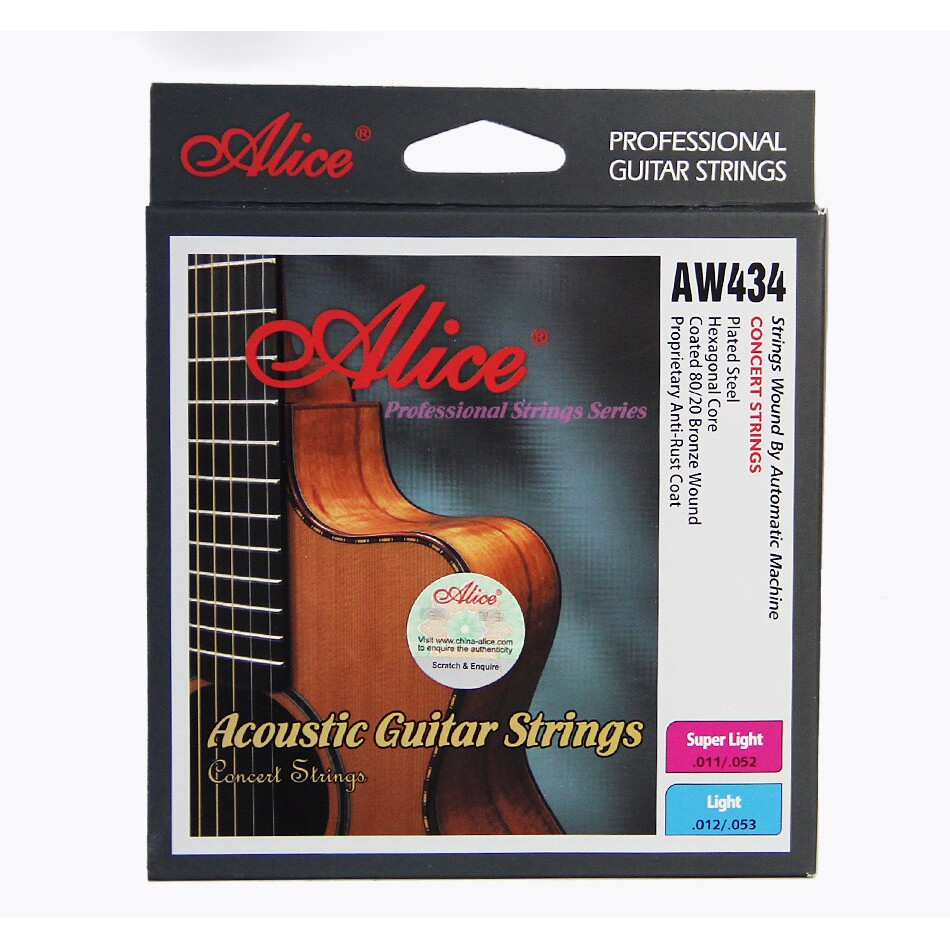 Bộ 6 dây guitar Alice AW434, AW434 Acoustic Guitar String Set, Plated Steel Plain String 80/20 Bronze