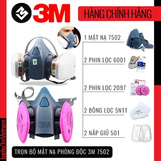 3M 7502 - mặt nạ phòng độc và hóa chất gồm: 1 Mặt nạ + 2 phin lọc 6001 + 2 phin lọc 2097 + 2 nắp giữ + 2 bông lọc