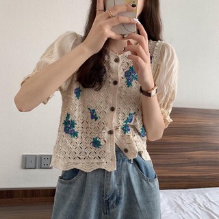 Áo lưới cộc tay thêu hoa tím