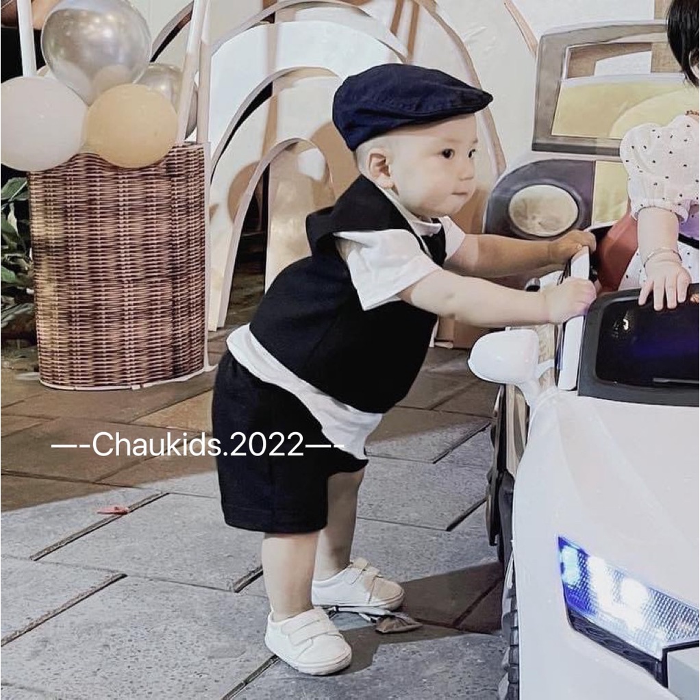 Quần áo bé trai, set 3ct công tử: áo sơ mi trắng chất thô, quần và áo gile chất đũi thấm hút mồ hôi cho bé