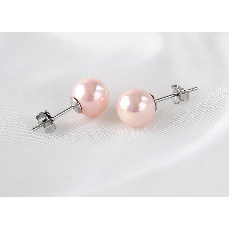 Bông tai hạt ngọc trai nhân tạo tròn đều màu hồng 8ly bạc s925