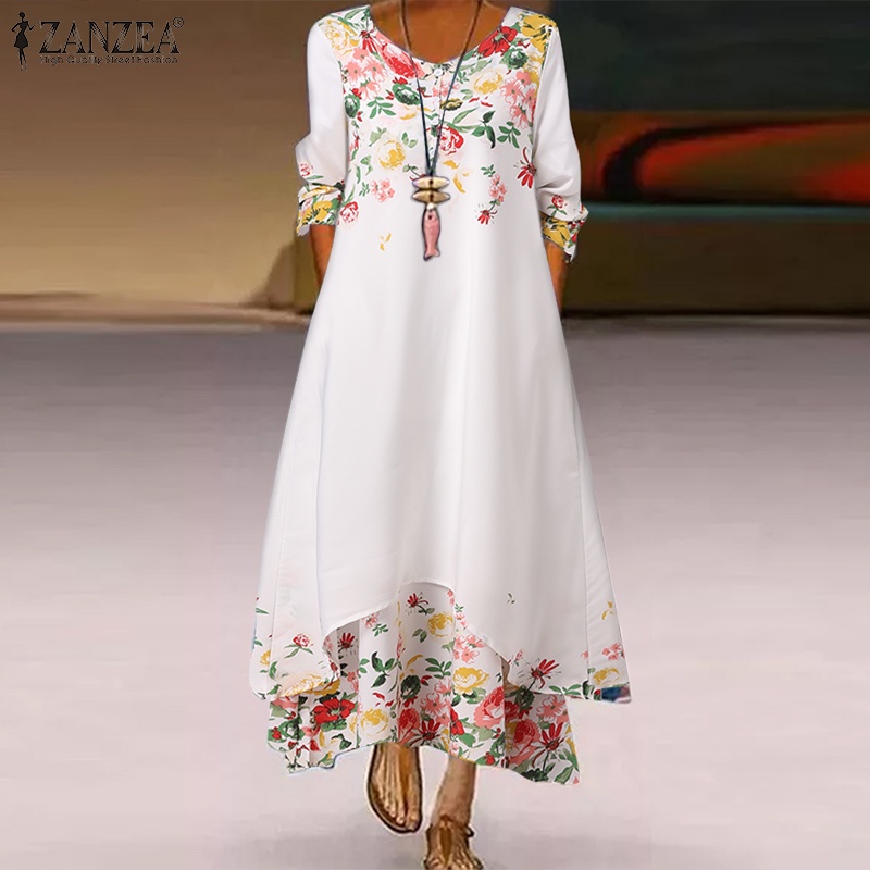 Đầm ZANZEA dáng dài cổ tròn in họa tiết phong cách vintage Châu Âu cho nữ