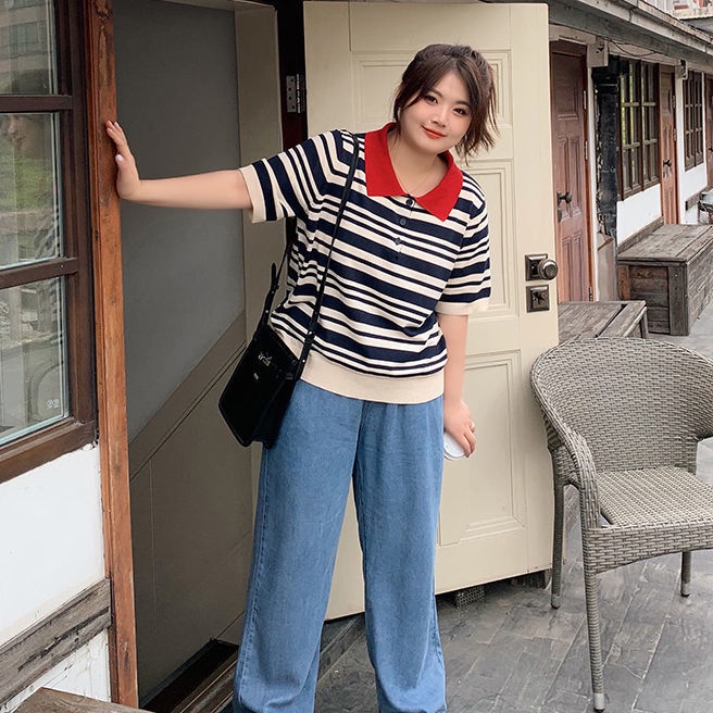 Áo polo Dệt Kim Tay Ngắn Dáng Rộng Họa Tiết Kẻ Sọc Thời Trang Mùa Hè Mới Cho Nữ Có Size Lớn