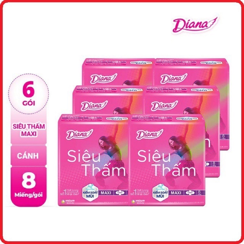 Combo 6 gói Băng Vệ Sinh Diana Dày Cánh Maxi Siêu Thấm