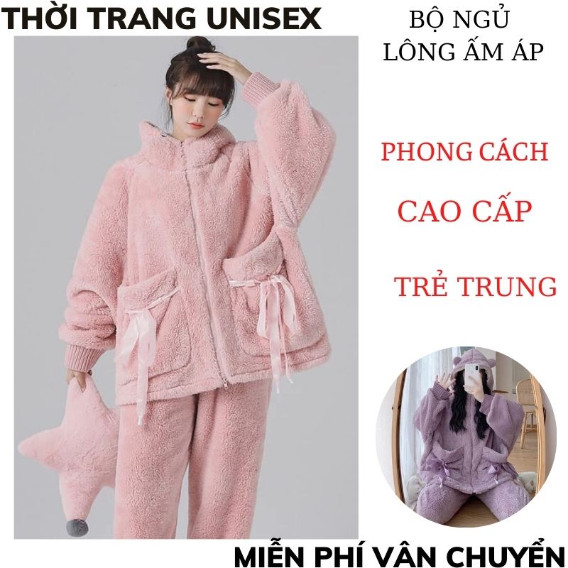 Bộ lông cừu thu đông siêu ấm thắt nơ túi 2 màu hồng tím thời trang Hàn Quốc. Đồ bộ mặc nhà, bộ ngủ nữ.METSHOP