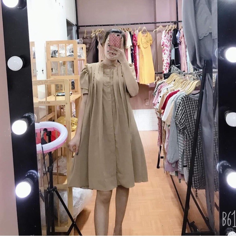 VÁY BẦU SUÔNG DÁNG THỜI TRANG, ĐẦM BẦU CÔNG SỞ CỔ TRỤ TAY CÁNH SEN HÀNG NÚT GIỮA SANG CHẢNH