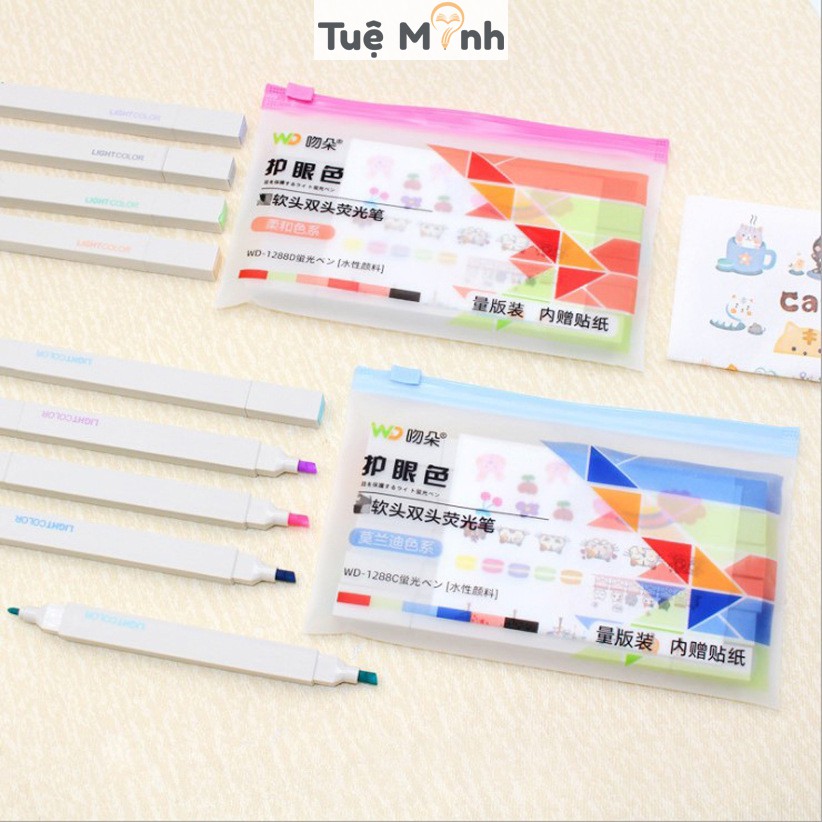 Bút highlight 2 đầu Light Color màu pastel, bút ghi chú HI06 tặng kèm sticker